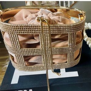 NUDE RHINESTONE FRAME CLUTCH BAG